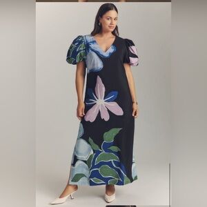 Anthropologie Puff Sleeve A Line Maxi Dress
